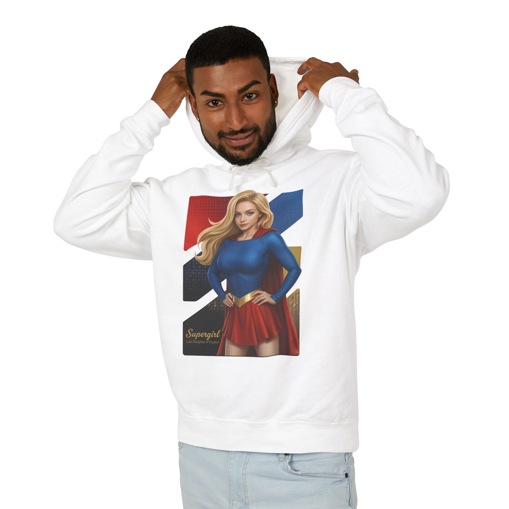 Supergirl Hoodie | DC Comics Hoodie | Anime Superheroine Pullover - white hoodie with anime Supergirl illustration on front modeled by smiling man