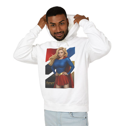Supergirl Hoodie | DC Comics Hoodie | Anime Superheroine Pullover - white hoodie with anime Supergirl illustration on front modeled by smiling man