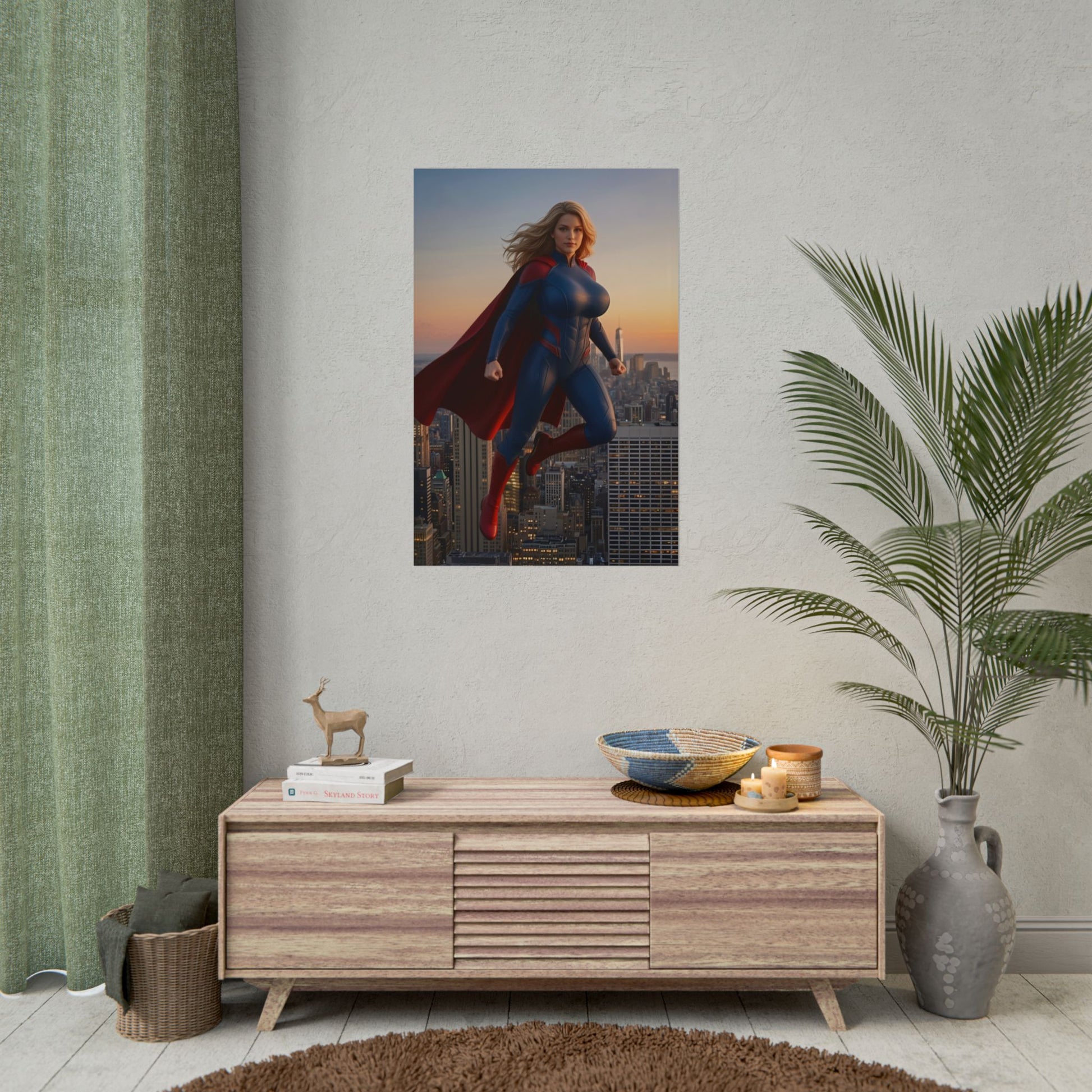 Supergirl Poster, DC Comics Art Print – Superhero Wall Art hanging above midcentury console in modern living room, gamer and fan decor