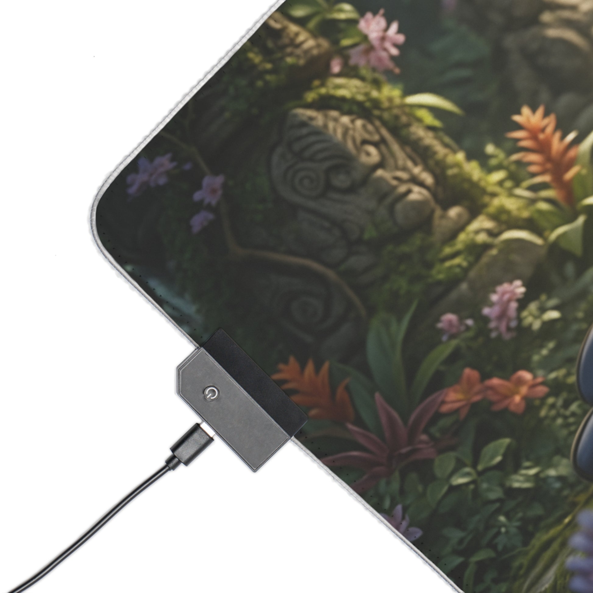 Kitana Desk Mat – LED RGB Pad, Waifu Fighter Anime Girl Setup showing corner USB LED controller and jungle floral artwork on precision cloth surface