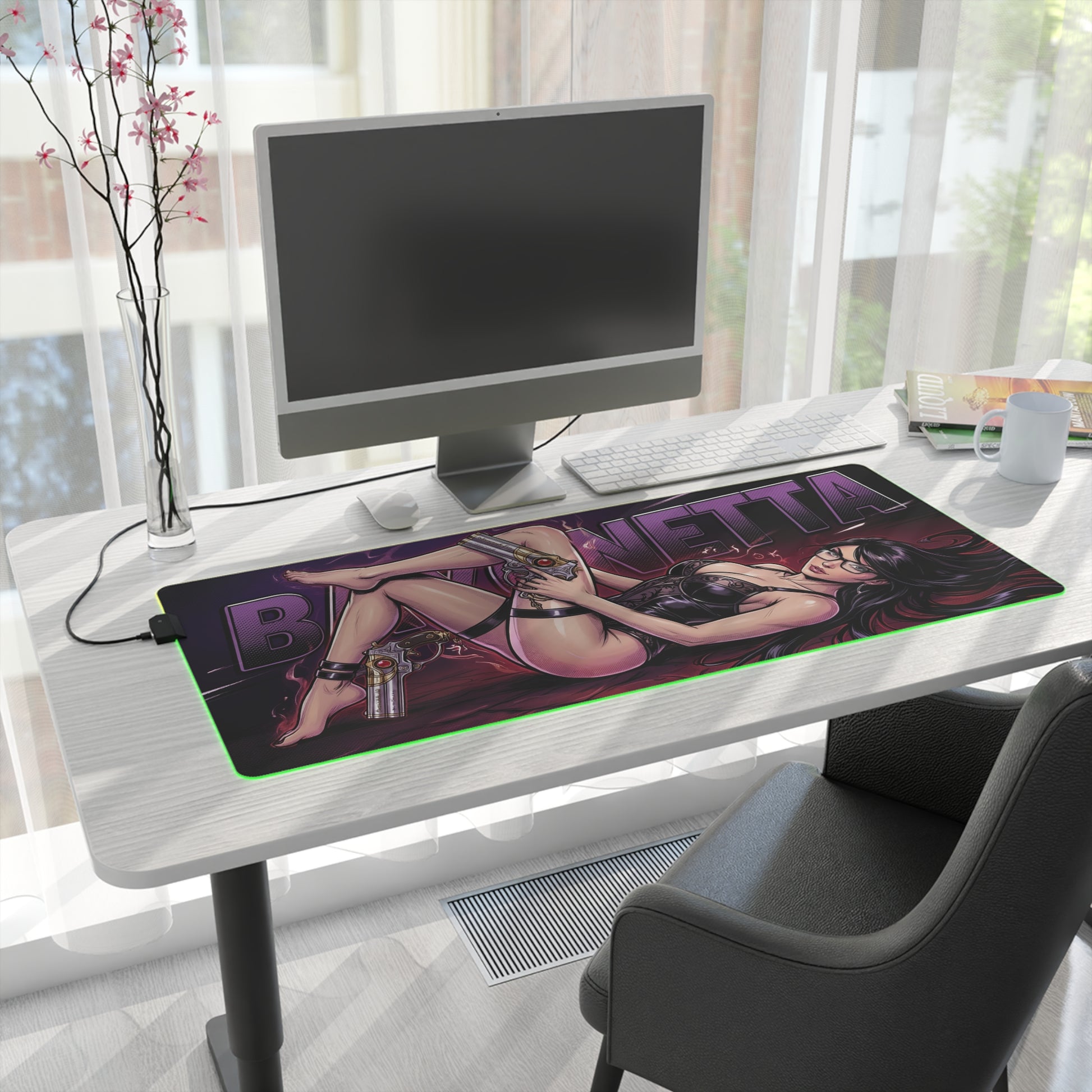Bayonetta RGB Desk Mat, Action Game Gaming Mouse Pad, LED Desk Mat for Gamer Setup displaying witch heroine artwork on a modern white desk with RGB glow