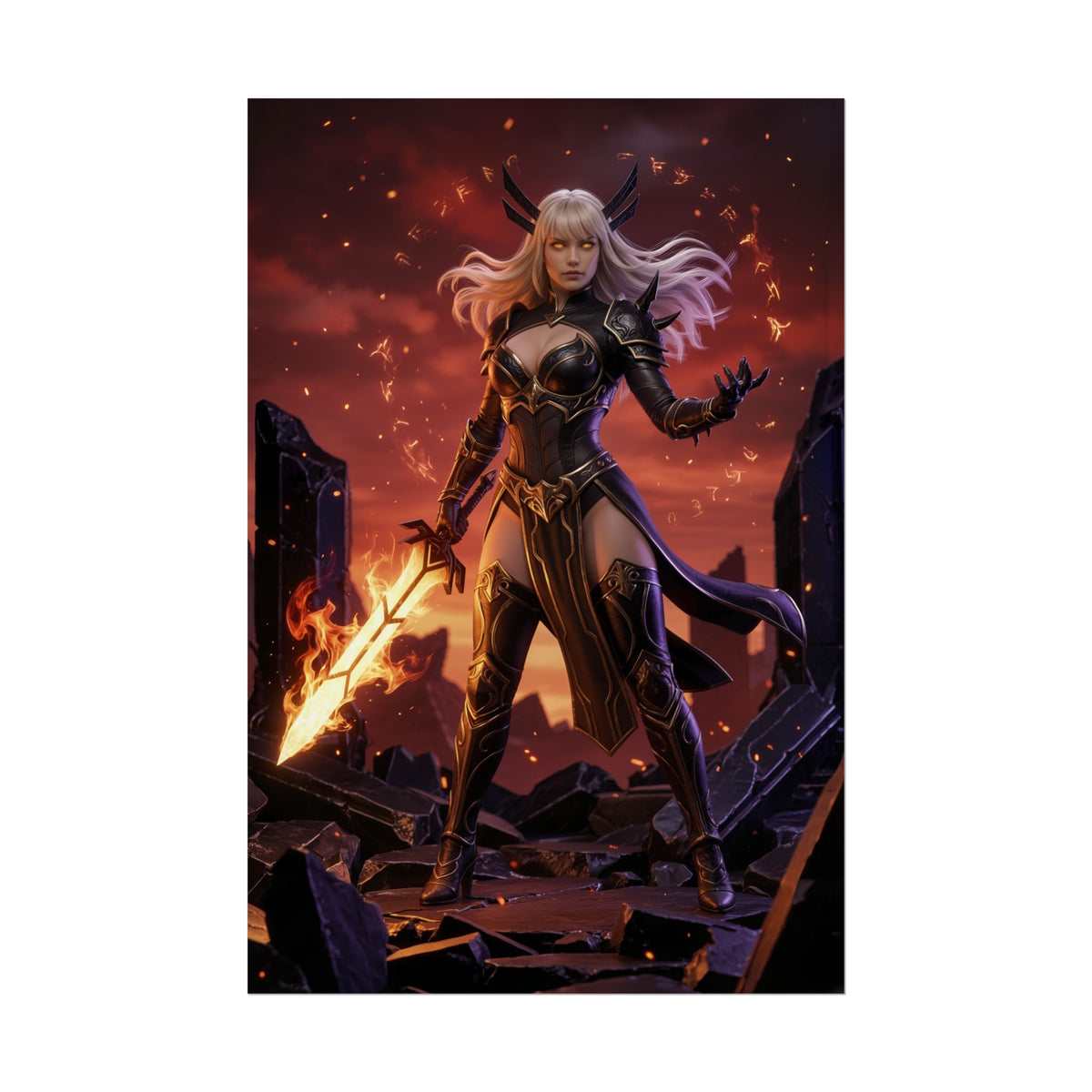 Magik Poster, Marvel Art Print  Dark Sorceress Wall Art featuring armored sorceress with flaming sword in dark fantasy gamer room decor