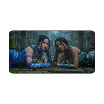 Kitana and Jade Gaming Mouse Pad, Mortal Kombat Desk Mat, Edenian Fighters Setup — HD artwork of Kitana and Jade laying on a forest ruin desk mat