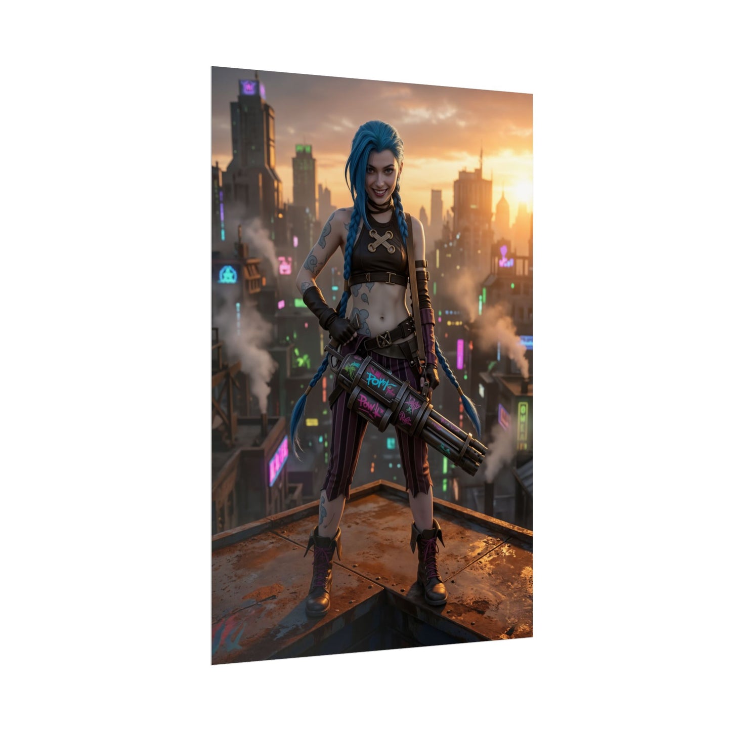 Jinx Poster, League of Legends Art Print, Iconic Chaotic Champion - dynamic city rooftop pose with blue-haired champion holding oversized weapon