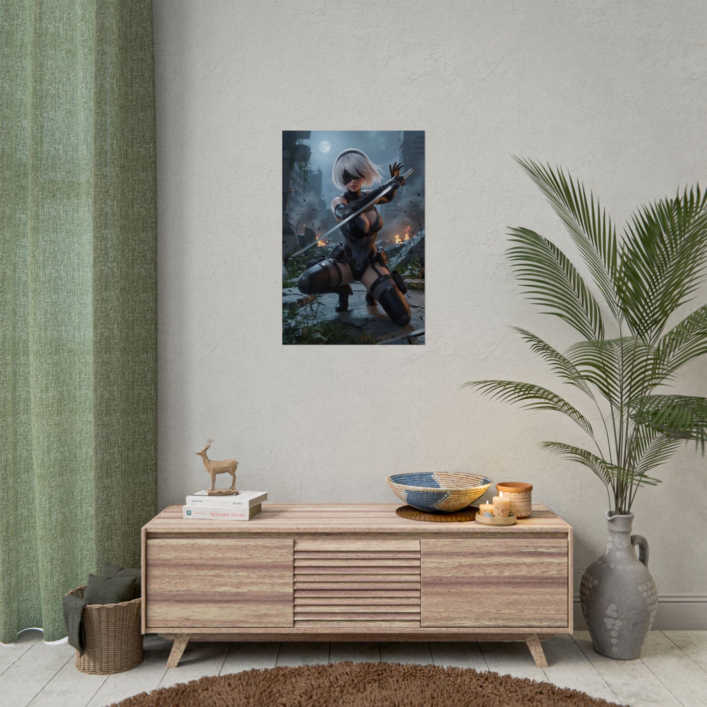 2B Poster, Nier Automata Art Print – Sci-Fi Game Heroine Wall Decor displayed in modern gaming room setup