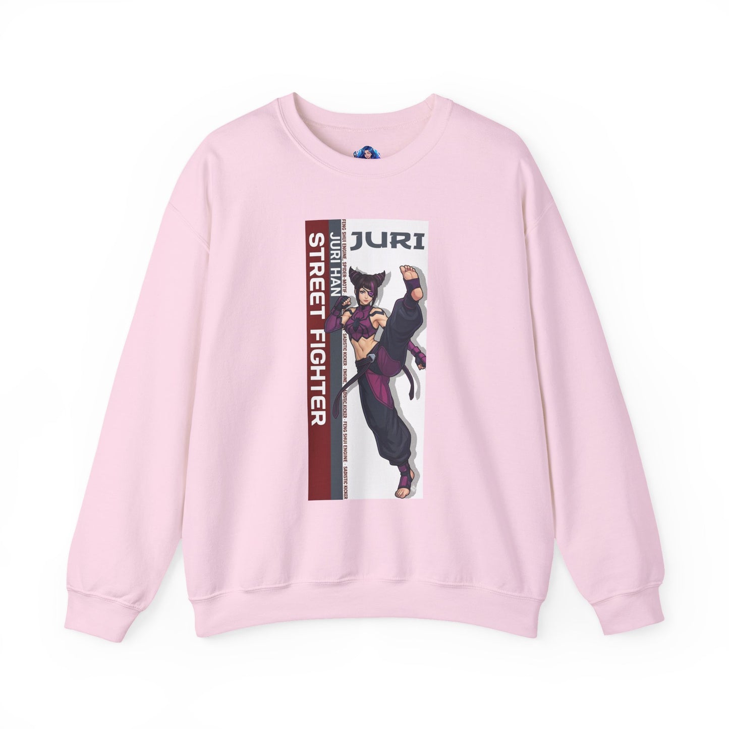 Juri Sweatshirt, Street Fighter Crewneck, Bold Fighting Game Apparel for Fans - pink crewneck with Juri character artwork