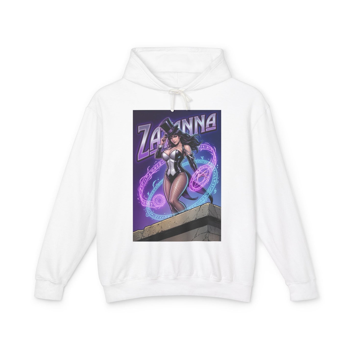 Zatanna Hoodie | DC Magic Hero Hoodie | Master Illusionist Pullover white pullover featuring Zatanna comic art, mystical purple magic rings, stage magician style