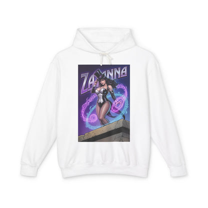 Zatanna Hoodie | DC Magic Hero Hoodie | Master Illusionist Pullover white pullover featuring Zatanna comic art, mystical purple magic rings, stage magician style