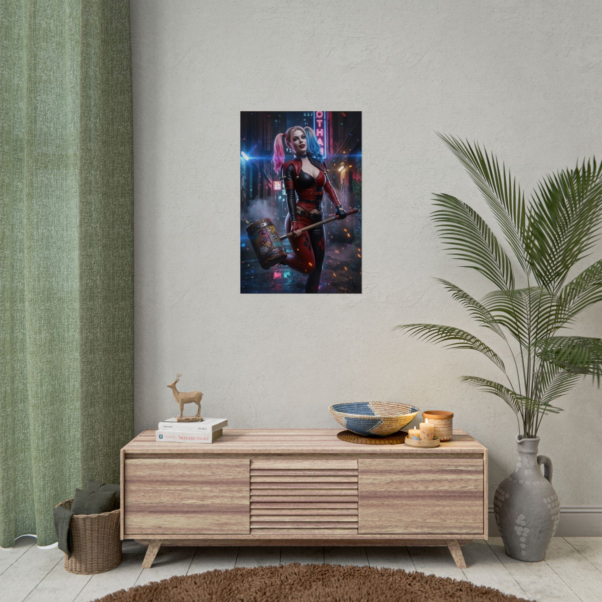 Harley Quinn Poster, DC Comics Art Print – Iconic Anti-Heroine Wall Art displayed in modern living room above console