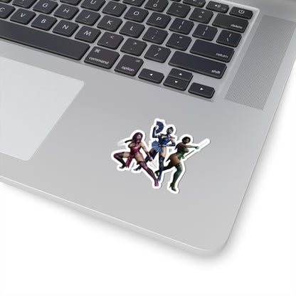 Kitana, Jade, Mileena Sticker – Mortal Kombat Vinyl Sticker for Laptops & Indoor Decor on silver laptop showing three characters sticker