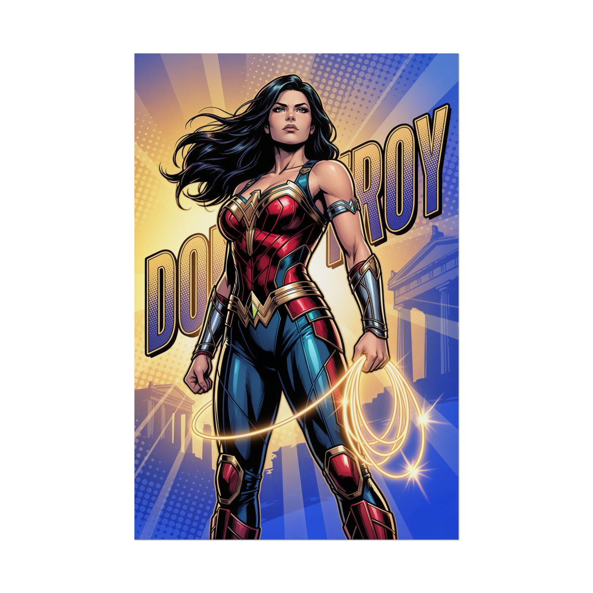 Donna Troy Poster / Donna Troy Wall Art / Donna Troy Art Print / DC Comics Poster - bold Amazon warrior woman with glowing lasso and comic-style backdrop