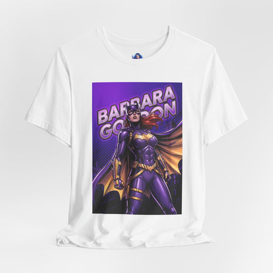 Batgirl T-Shirt | DC Comics Anime Tee for Gamers & Fans - white Bella Canvas tee showing purple comic-style Batgirl illustration with flowing cape