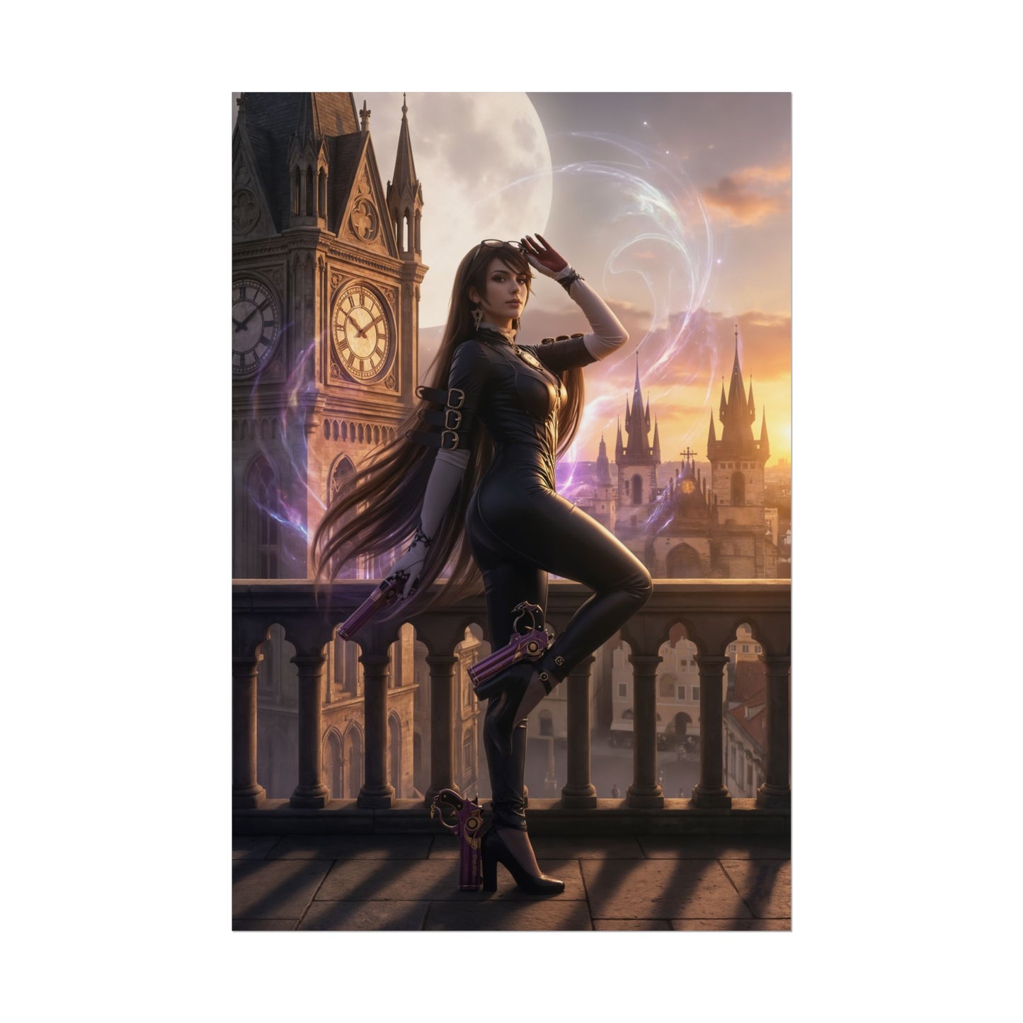 Bayonetta Poster – Iconic Action Witch Heroine Wall Art for Gamer Decor showing Bayonetta in sleek pose on a gothic balcony at sunset