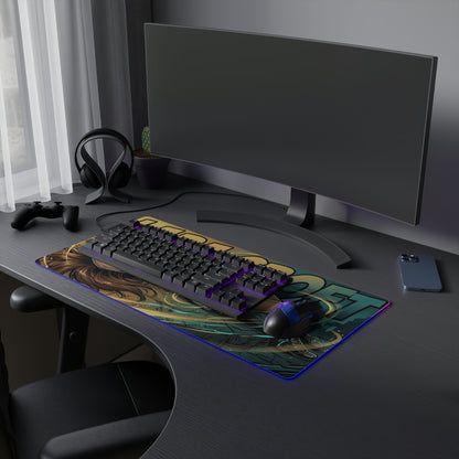 Lara Croft RGB Desk Mat, Adventure Game Gaming Mouse Pad, LED Desk Mat for Gamer Setup showing cinematic artwork on a gaming desk with keyboard and mouse