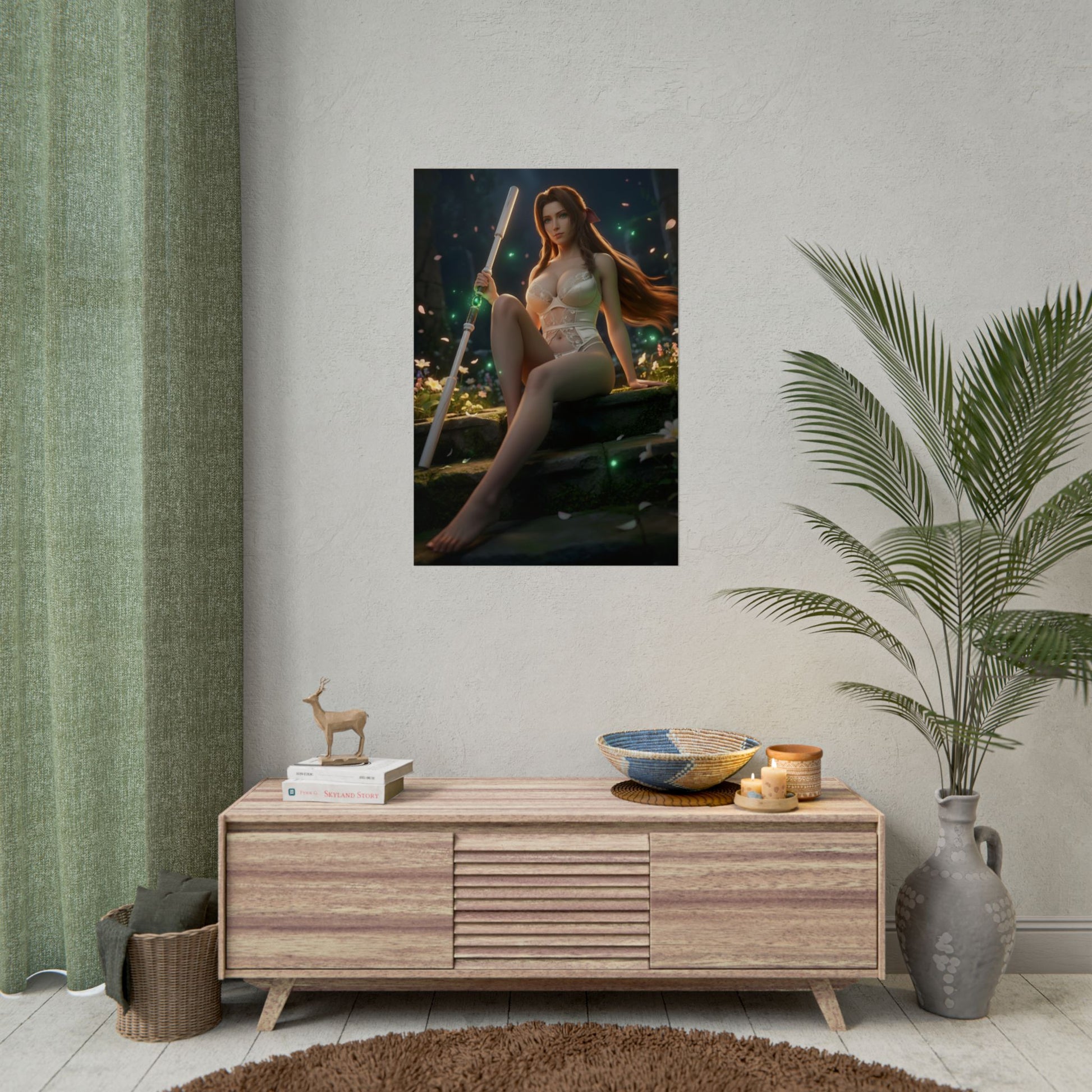 Aerith Gainsborough Poster / Aerith Wall Art / Aerith Art Print / Final Fantasy VII Poster - moonlit scene with Aerith holding staff and floating petals