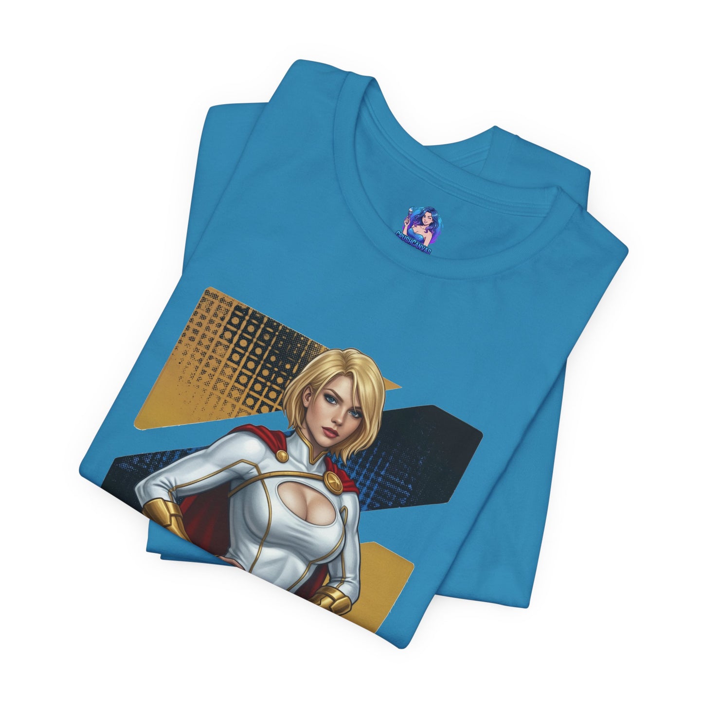 Power Girl T-Shirt | DC Comics Anime Tee for Gamers & Hero Fans showing anime-style Power Girl print on a folded blue Bella Canvas tee