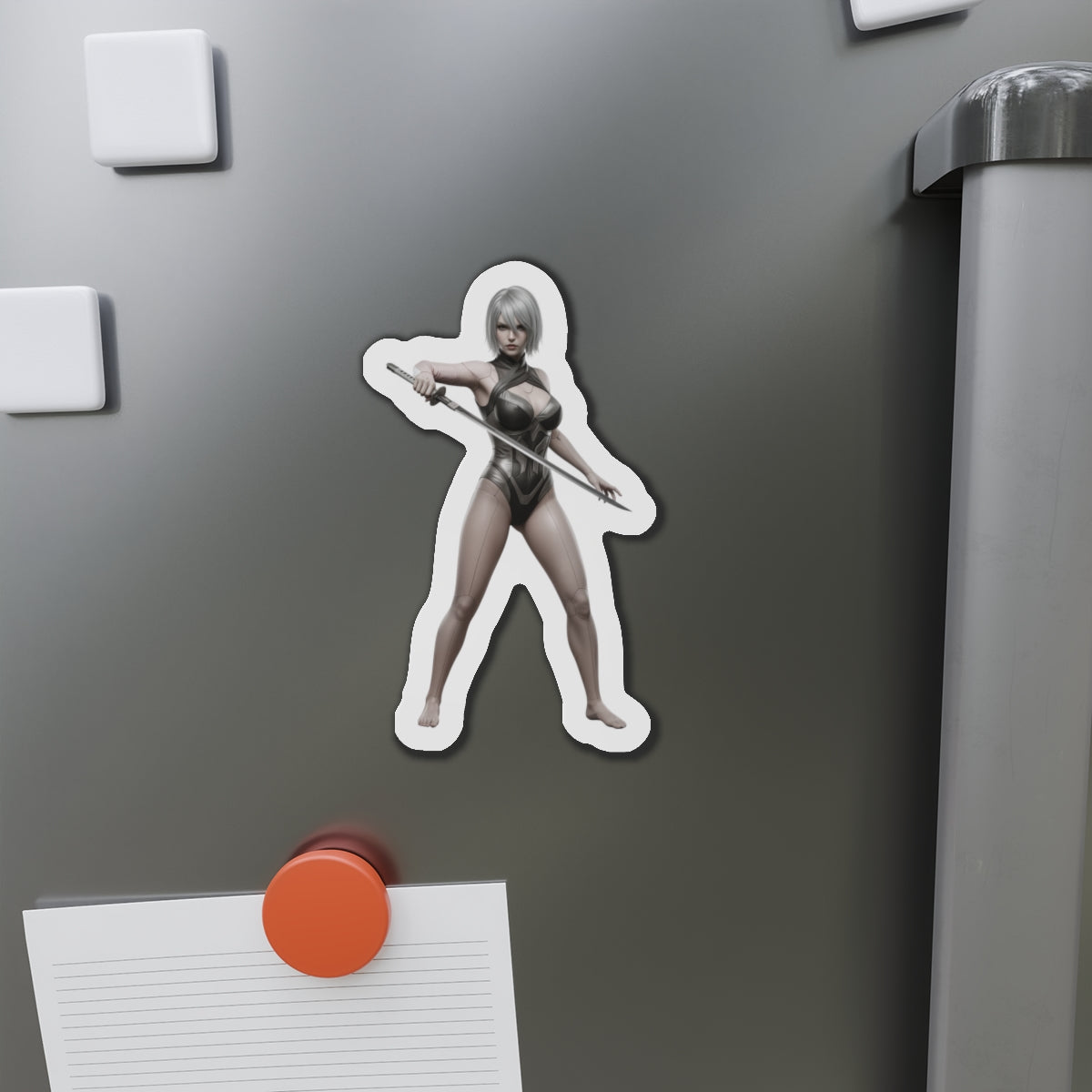 A2 Magnet – NieR Automata Anime Heroine Fridge Magnet, Game Decor premium die-cut vinyl magnet showing A2 with sword on fridge