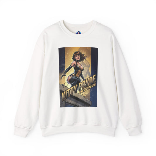 Kitty Pryde Sweatshirt, Marvel Crewneck, Phase Walker Superhero Apparel featuring comic-style Kitty Pryde in black-and-gold suit on white crewneck