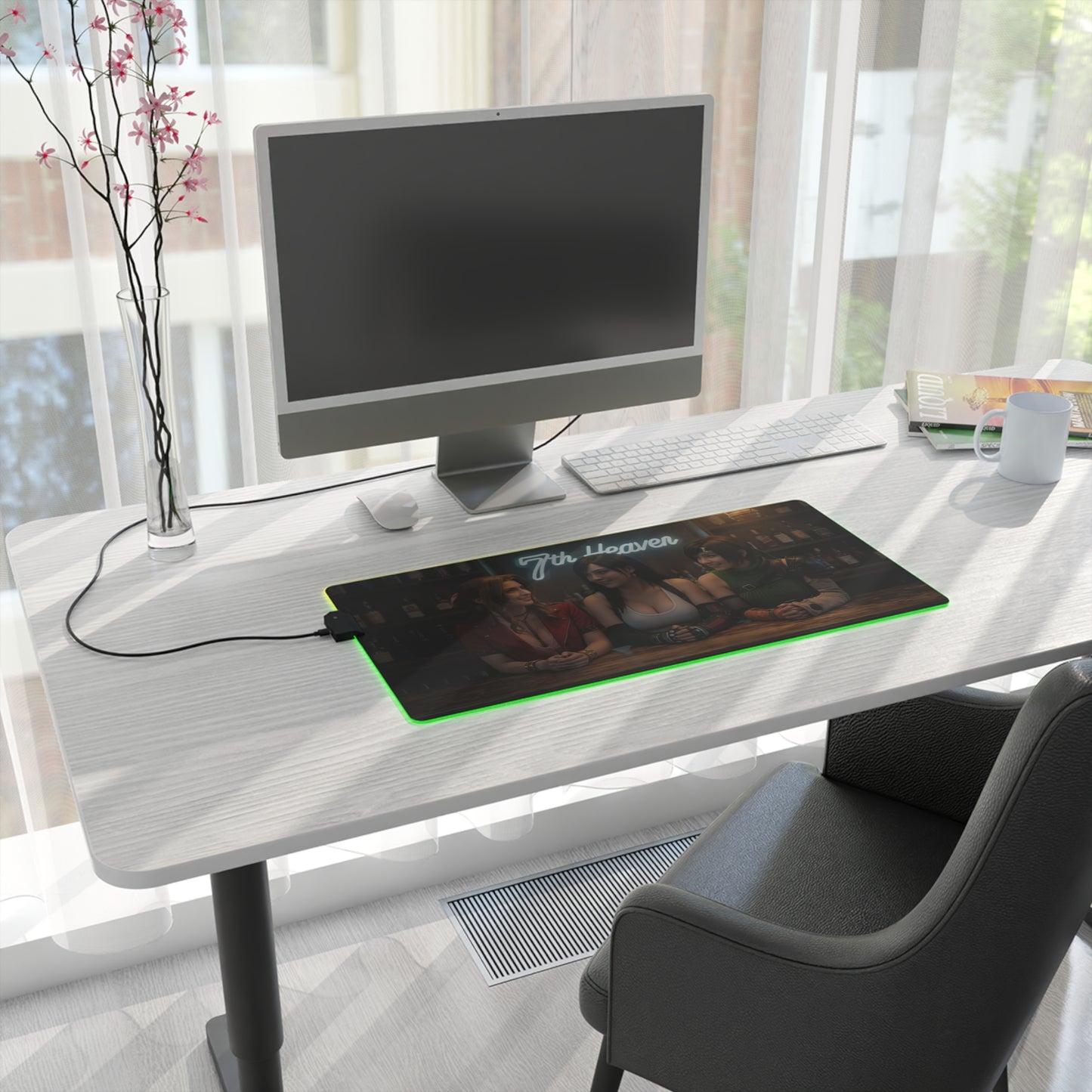 Tifa Lockhart, Aerith Gainsborough & Yuffie Kisaragi Desk Mat – LED RGB Pad on modern white desk with PC setup and green RGB glow