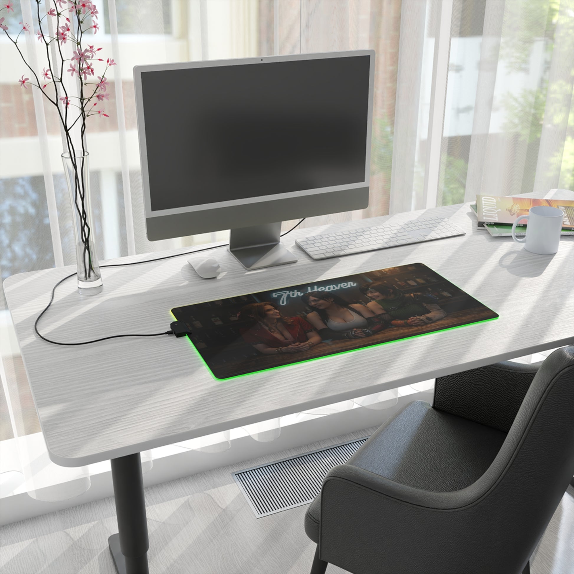 Tifa Lockhart, Aerith Gainsborough & Yuffie Kisaragi Desk Mat – LED RGB Pad on modern white desk with PC setup and green RGB glow