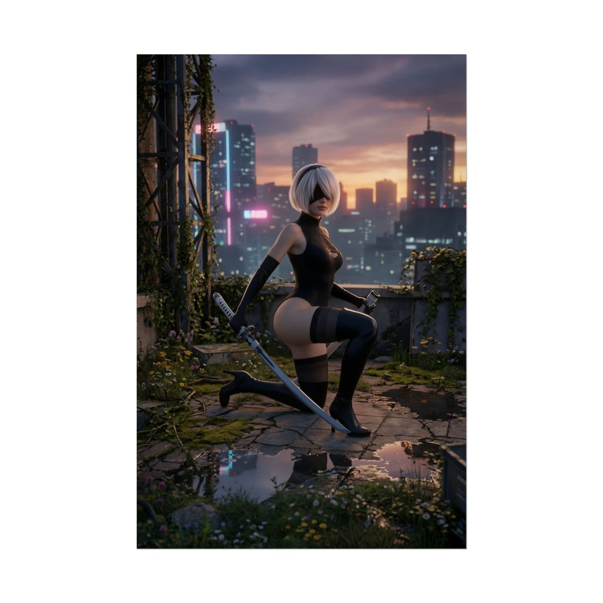 2B Poster, NieR Automata Art Print  Sci-Fi Android Wall Art for Gamers showcasing 2B kneeling with sword on rooftop at sunset in futuristic cityscape