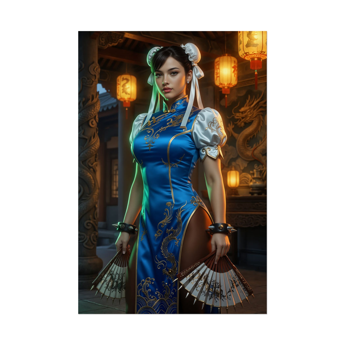 Chun-Li Poster  Iconic Fighting Game Heroine Wall Art for Gamer Decor featuring Chun-Li in blue qipao with fans and lanterns