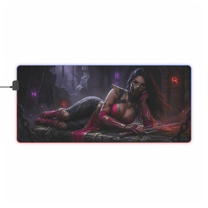 Mileena Desk Mat – LED RGB Pad, Waifu Assassin Anime Girl Setup reclining waifu assassin with mask on RGB-lit gaming desk mat