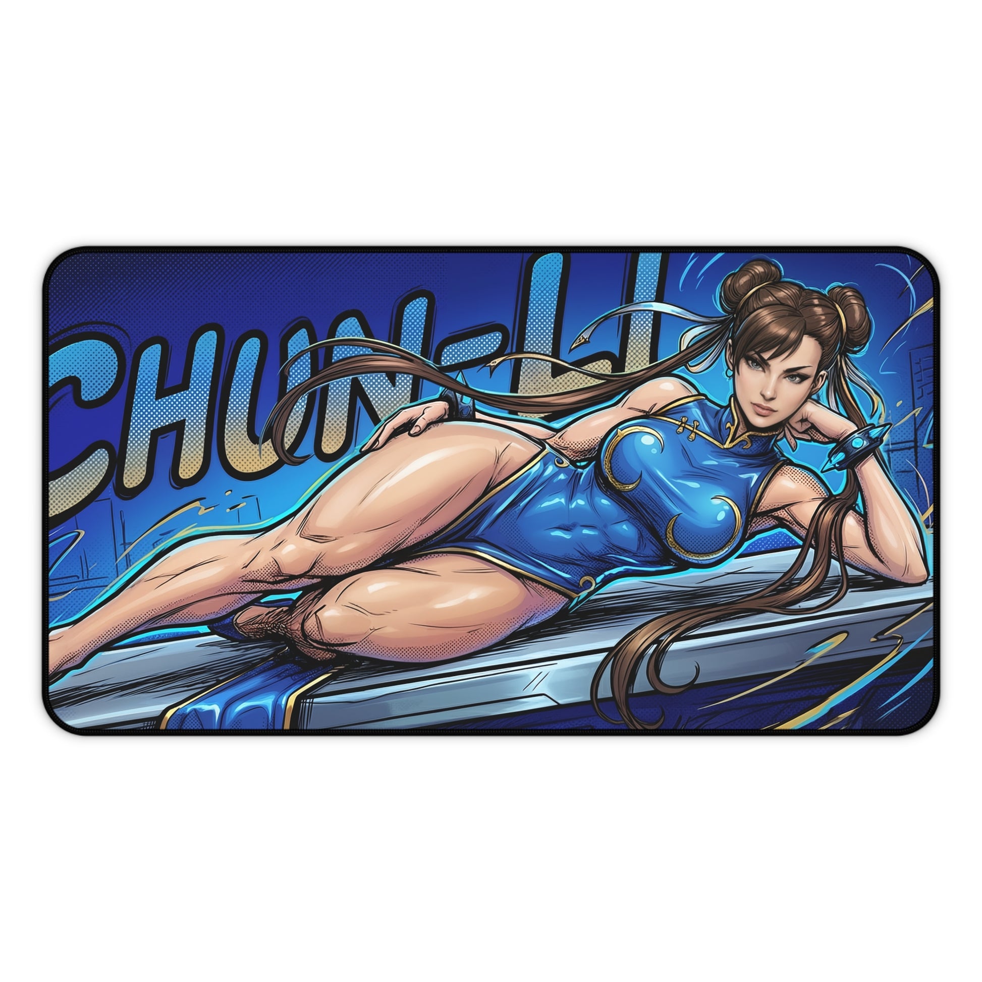 Chun-Li Desk Mat, Fighting Game Mouse Pad, Gamer Desk Setup - dynamic Chun-Li artwork on large non-slip stitched-edge gaming desk mat