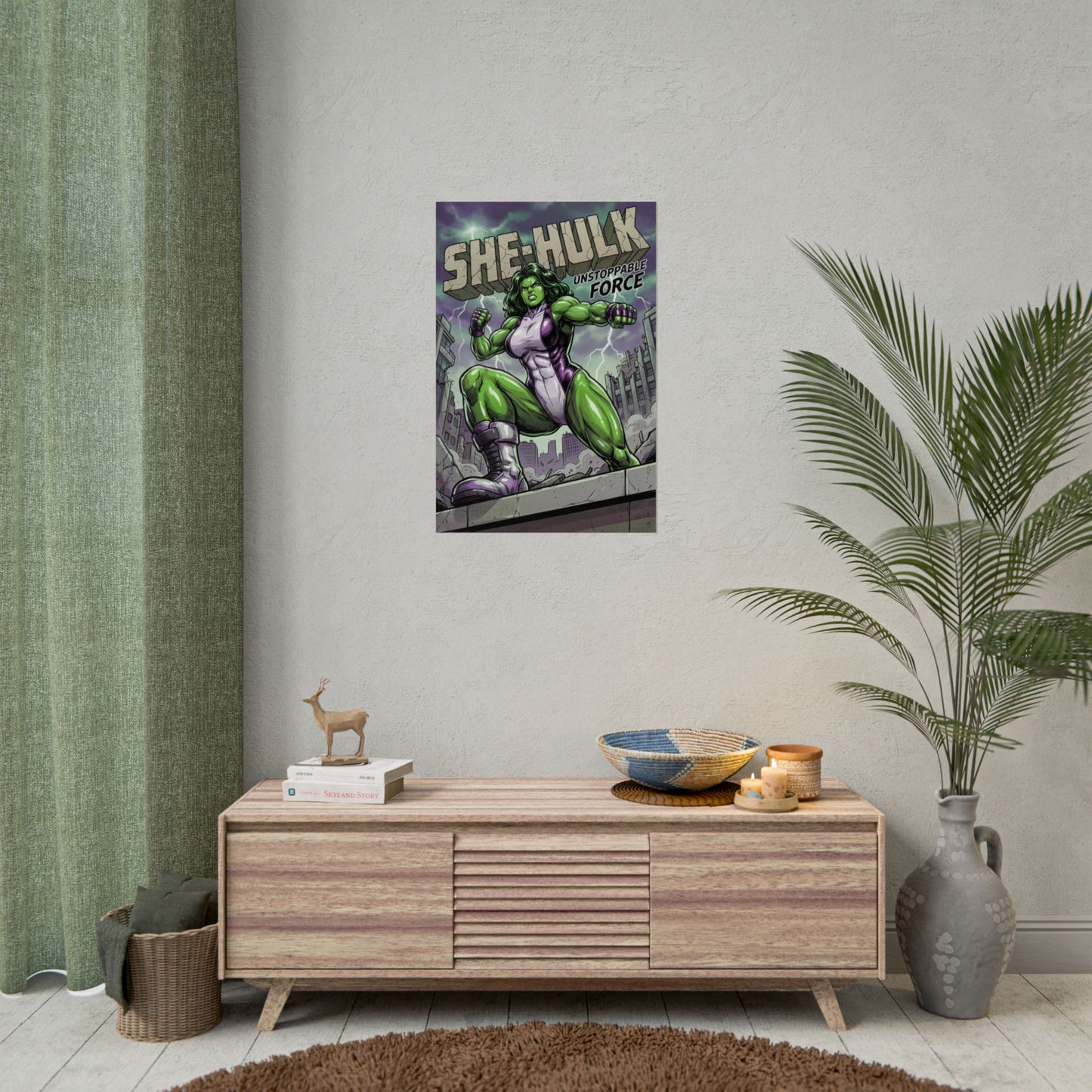 She-Hulk Poster / She-Hulk Wall Art / She-Hulk Art Print / Marvel Poster showing powerful green heroine mid-strike over a shattered cityscape