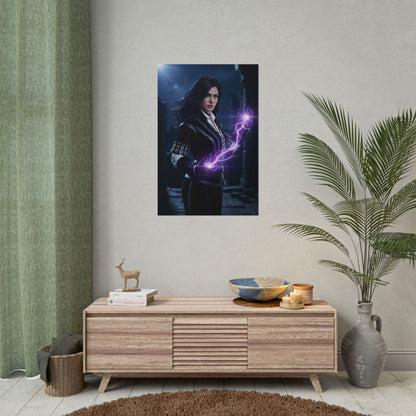 Yennefer Poster, The Witcher Art Print – Iconic Sorceress Wall Art showcasing Yennefer sorceress casting purple magic, premium gamer room wall decor