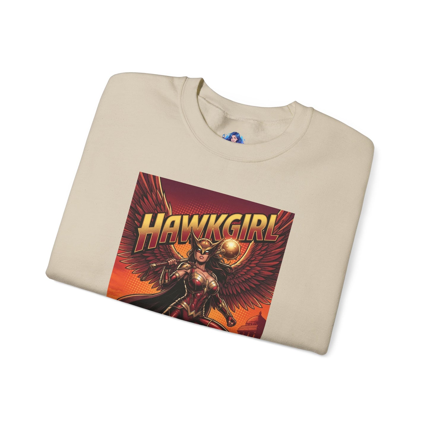 Hawkgirl Sweatshirt, DC Comics Wall Art Style, Premium Heroine Apparel — folded cream crewneck with bold winged Hawkgirl graphic