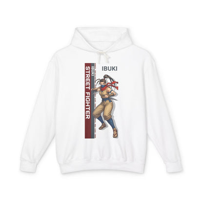 Ibuki Hoodie | Street Fighter Hoodie | Anime Ninja Girl Pullover white hoodie with dynamic Ibuki ninja illustration and vertical Street Fighter stripe