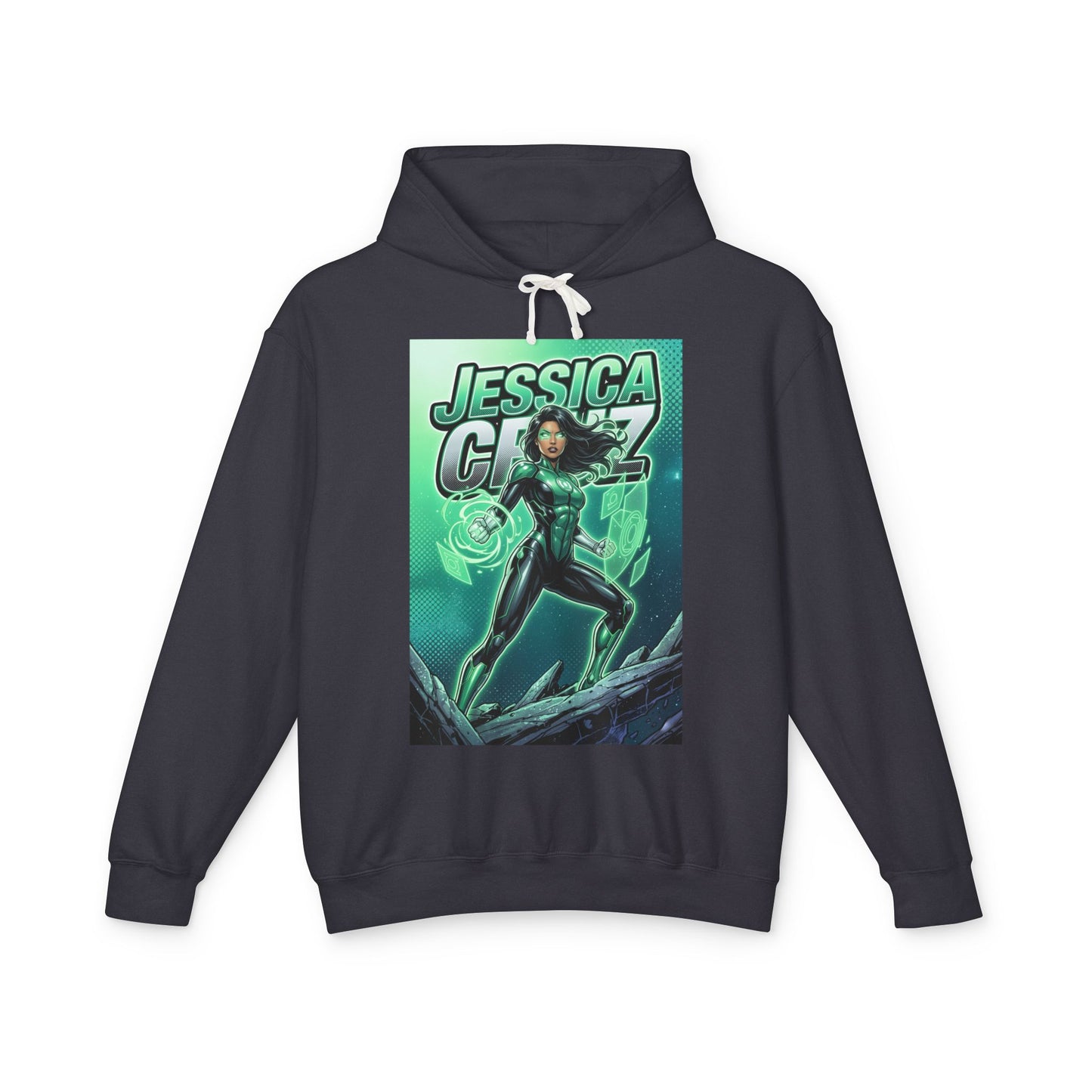 Jessica Cruz Hoodie | Green Lantern Hoodie | DC Superhero Pullover - black pullover with glowing green Jessica Cruz comic art