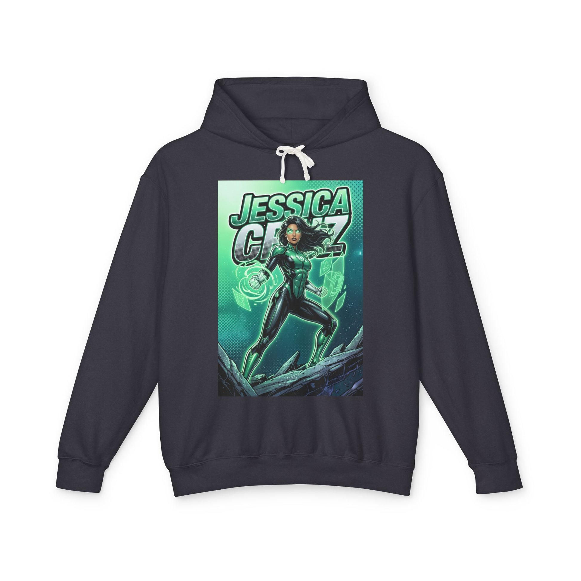 Jessica Cruz Hoodie | Green Lantern Hoodie | DC Superhero Pullover - black pullover with glowing green Jessica Cruz comic art
