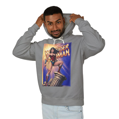 Wonder Woman Hoodie | DC Superhero Hoodie | Amazon Warrior Pullover featuring man wearing gray pullover with Wonder Woman graphic