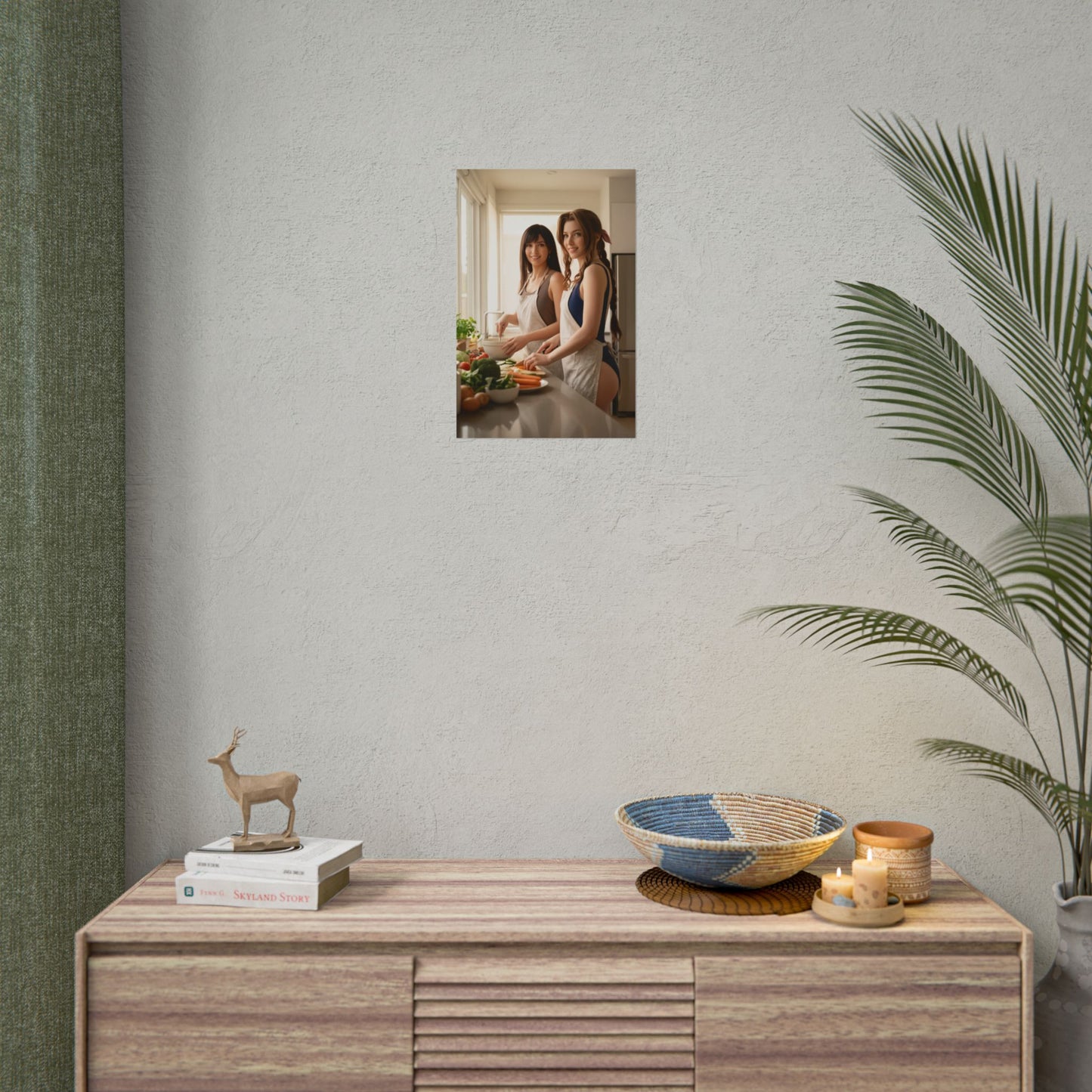 Tifa and Aerith Final Fantasy Poster – Iconic RPG Heroines Wall Art hanging above console in modern living room display
