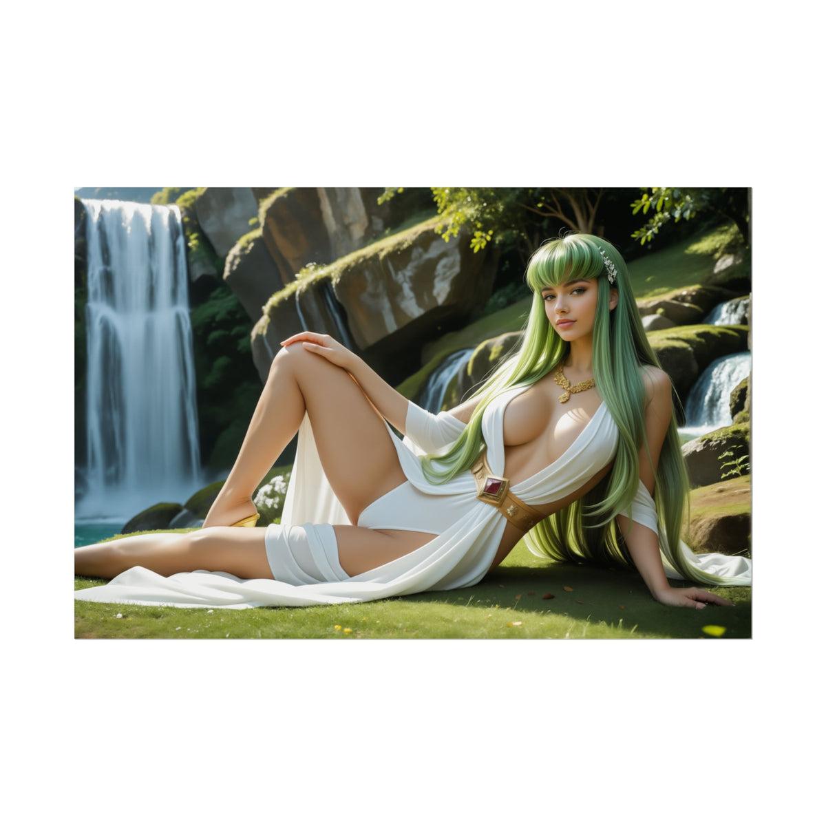 Waifu Wall Art Poster | C.C. Anime Print for Code Geass-Inspired Room  serene C.C. in white outfit reclining by waterfall, high-res anime poster