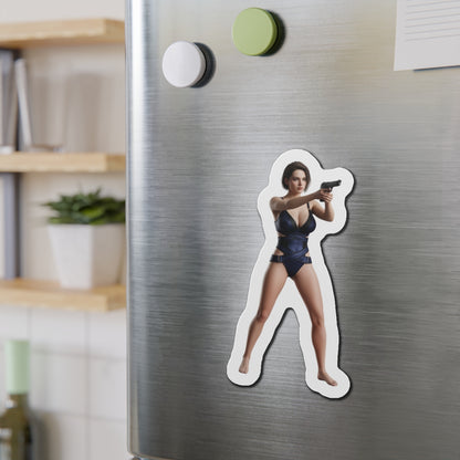 Jill Valentine Magnet – Resident Evil Heroine Fridge Magnet, Game Decor on stainless fridge showing anime-style die-cut vinyl Jill aiming handgun
