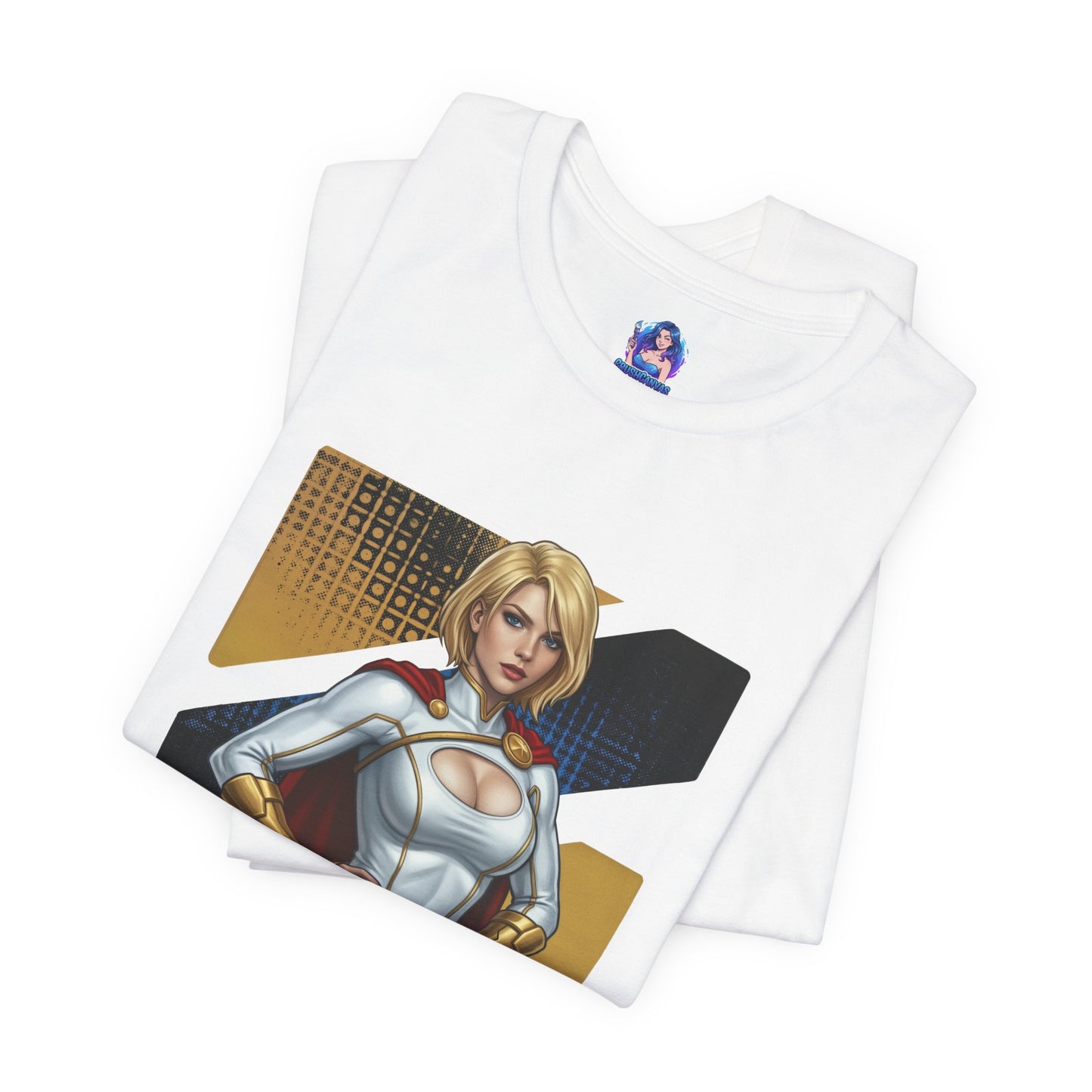 Power Girl T-Shirt | DC Comics Anime Tee for Gamers & Hero Fans white Bella Canvas tee with anime-style Power Girl artwork folded
