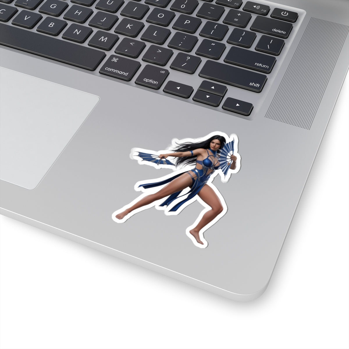 Kitana Sticker – Mortal Kombat Vinyl Sticker for Laptops & Indoor Decor on silver laptop, glossy durable vinyl, vibrant colors, bubble-free application