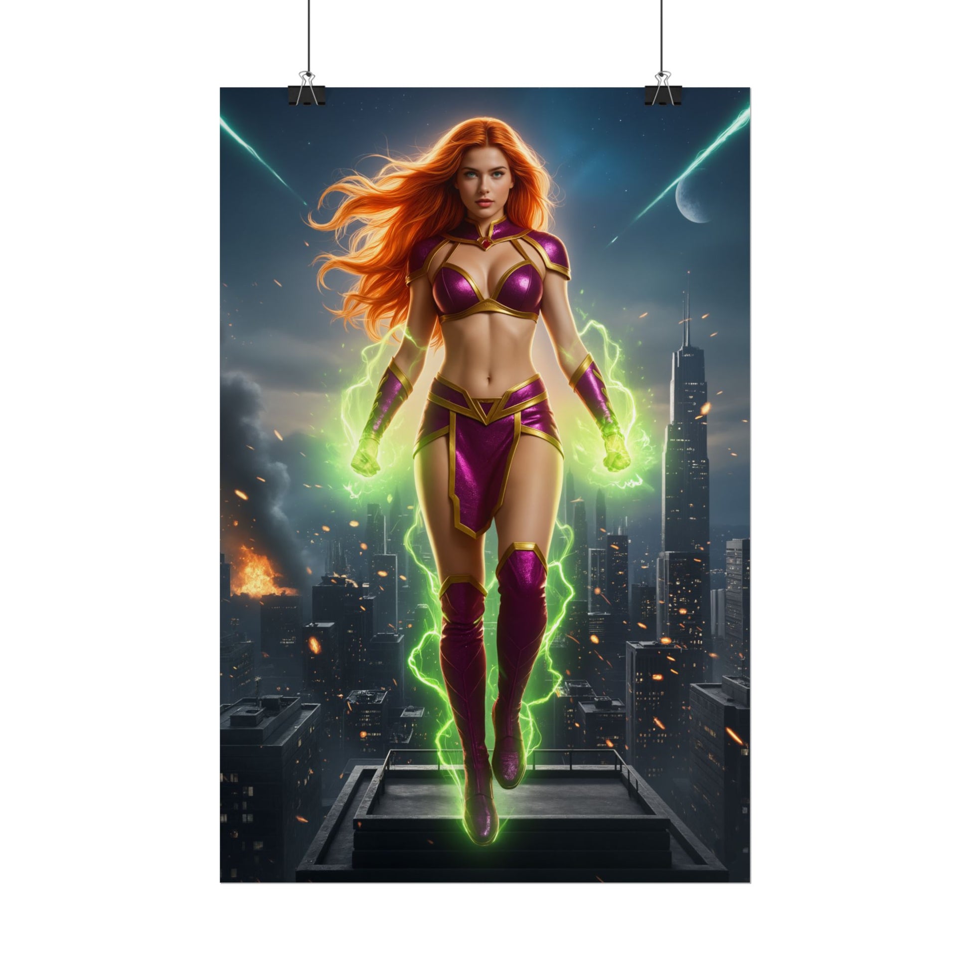 Starfire Poster, Teen Titans Art Print, Iconic Alien Hero Wall Decor - vibrant Starfire hovering over city with glowing green energy and bold comic colors