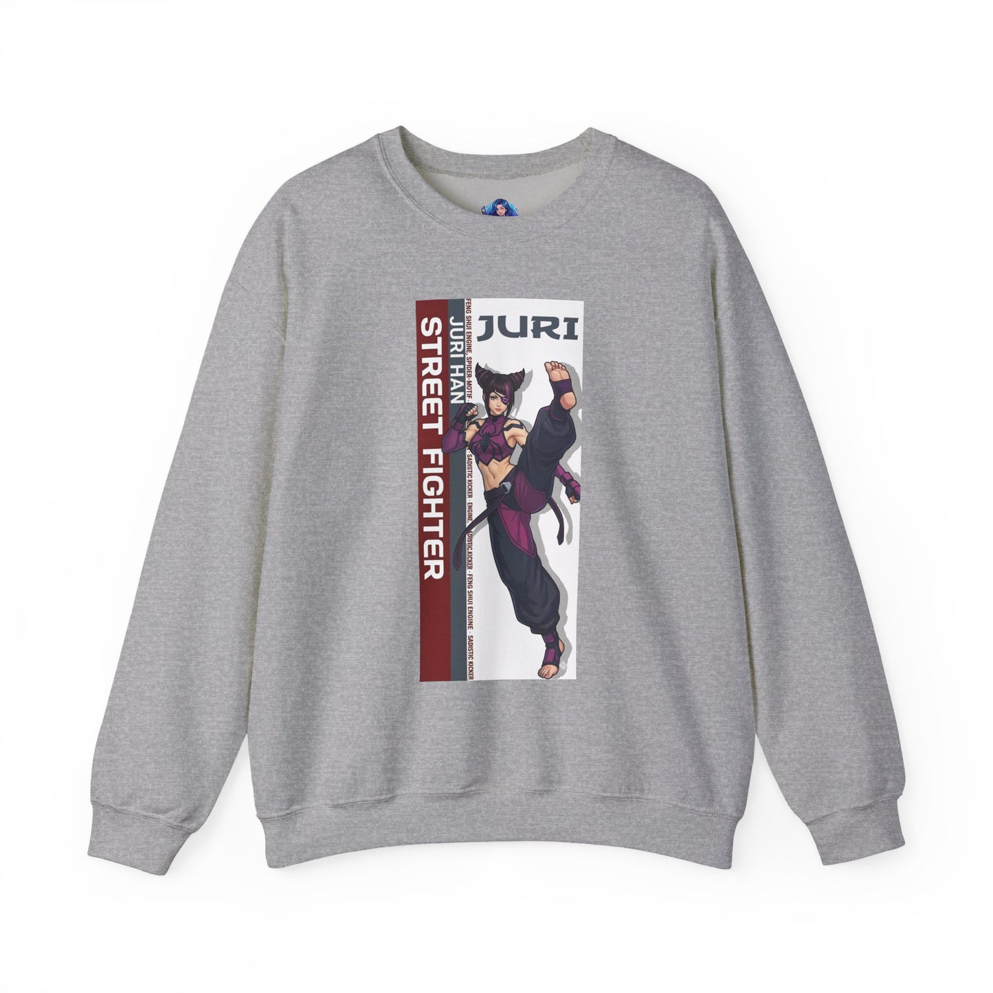 Juri Sweatshirt, Street Fighter Crewneck, Bold Fighting Game Apparel for Fans — gray crewneck with vertical Juri character art