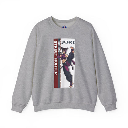 Juri Sweatshirt, Street Fighter Crewneck, Bold Fighting Game Apparel for Fans — gray crewneck with vertical Juri character art