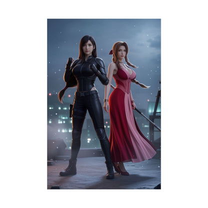 Tifa Aerith Poster, Final Fantasy Wall Art Print – Gaming Decor featuring Tifa in combat suit and Aerith in red dress on rooftop