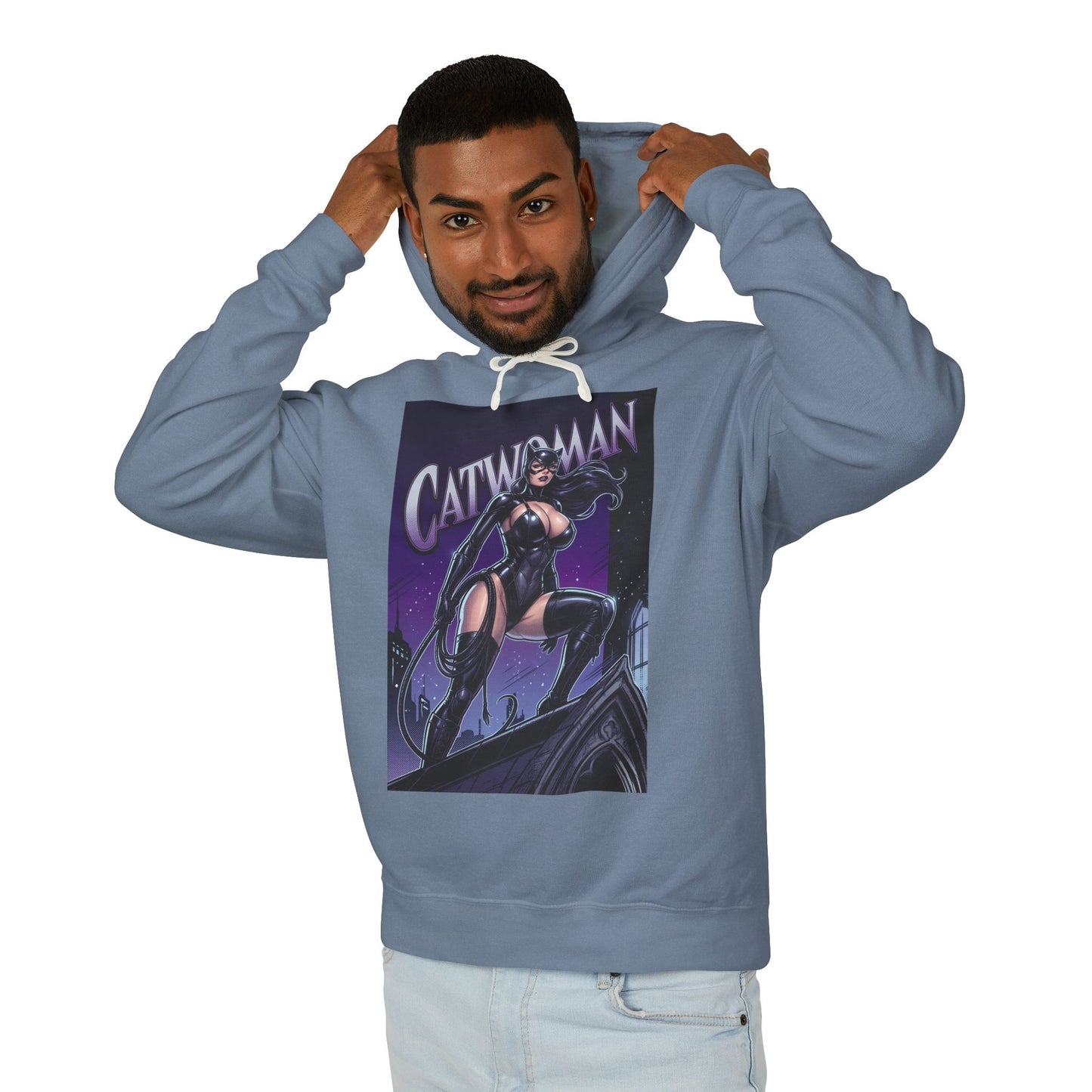 Catwoman Hoodie | DC Anti-Hero Hoodie | Gotham Thief Pullover - men's slate blue pullover with illustrated Catwoman graphic, model wearing hood