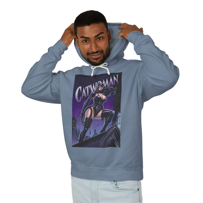Catwoman Hoodie | DC Anti-Hero Hoodie | Gotham Thief Pullover - men's slate blue pullover with illustrated Catwoman graphic, model wearing hood