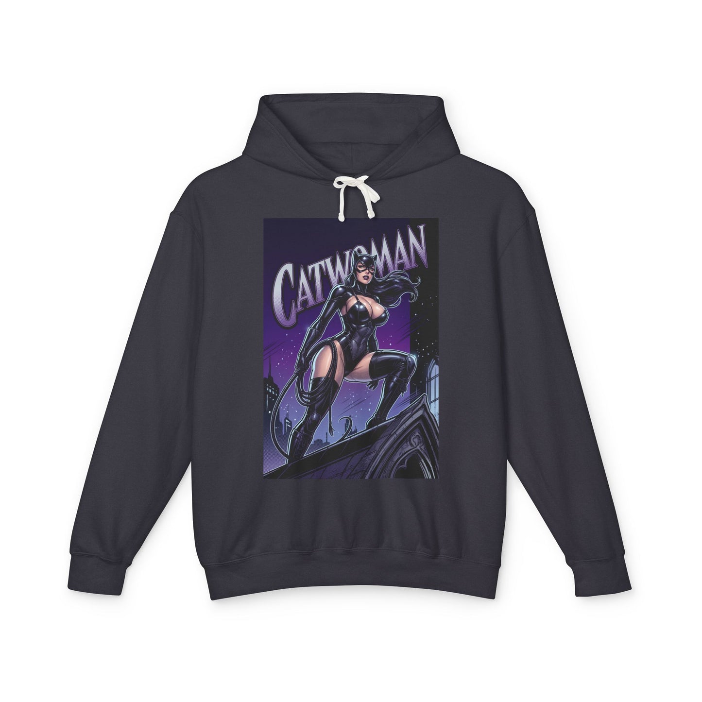 Catwoman Hoodie | DC Anti-Hero Hoodie | Gotham Thief Pullover - charcoal streetwear pullover with illustrated Catwoman rooftop pose