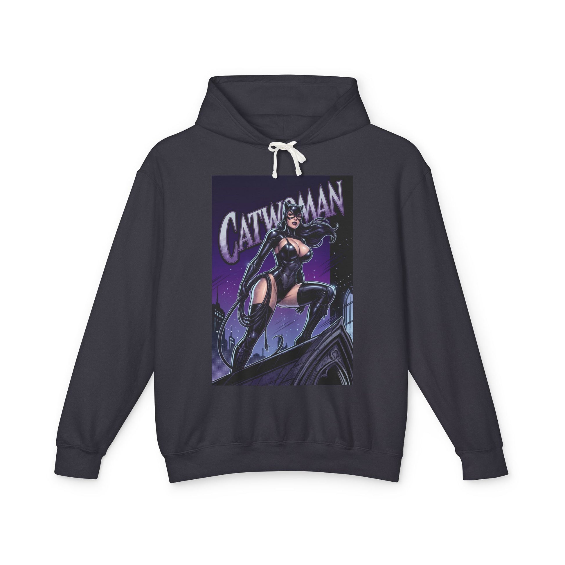 Catwoman Hoodie | DC Anti-Hero Hoodie | Gotham Thief Pullover - charcoal streetwear pullover with illustrated Catwoman rooftop pose
