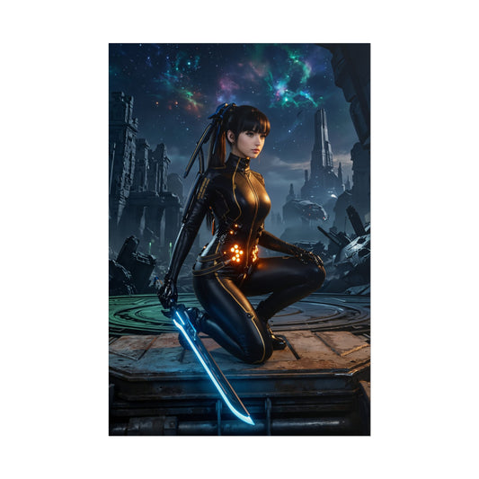 EVE Poster, Stellar Blade Print, Iconic Sci-Fi Warrior Art — sleek warrior in black suit kneeling with glowing blue sword against cosmic sci-fi ruin backdrop