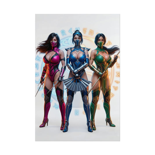 Kitana Jade Mileena Poster, Mortal Kombat Art Print – Iconic Fighter Trio: trio of female fighters in stylized gamer room wall art